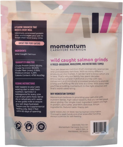 Momentum Carnivore Nutrition Freeze-Dried Wild-Caught Salmon Pet Food Topper – Single-Ingredient, All-Natural Topper – High-Protein for Dogs and Cats, Grain-Free and Made in The USA– (3.75 oz Bag)