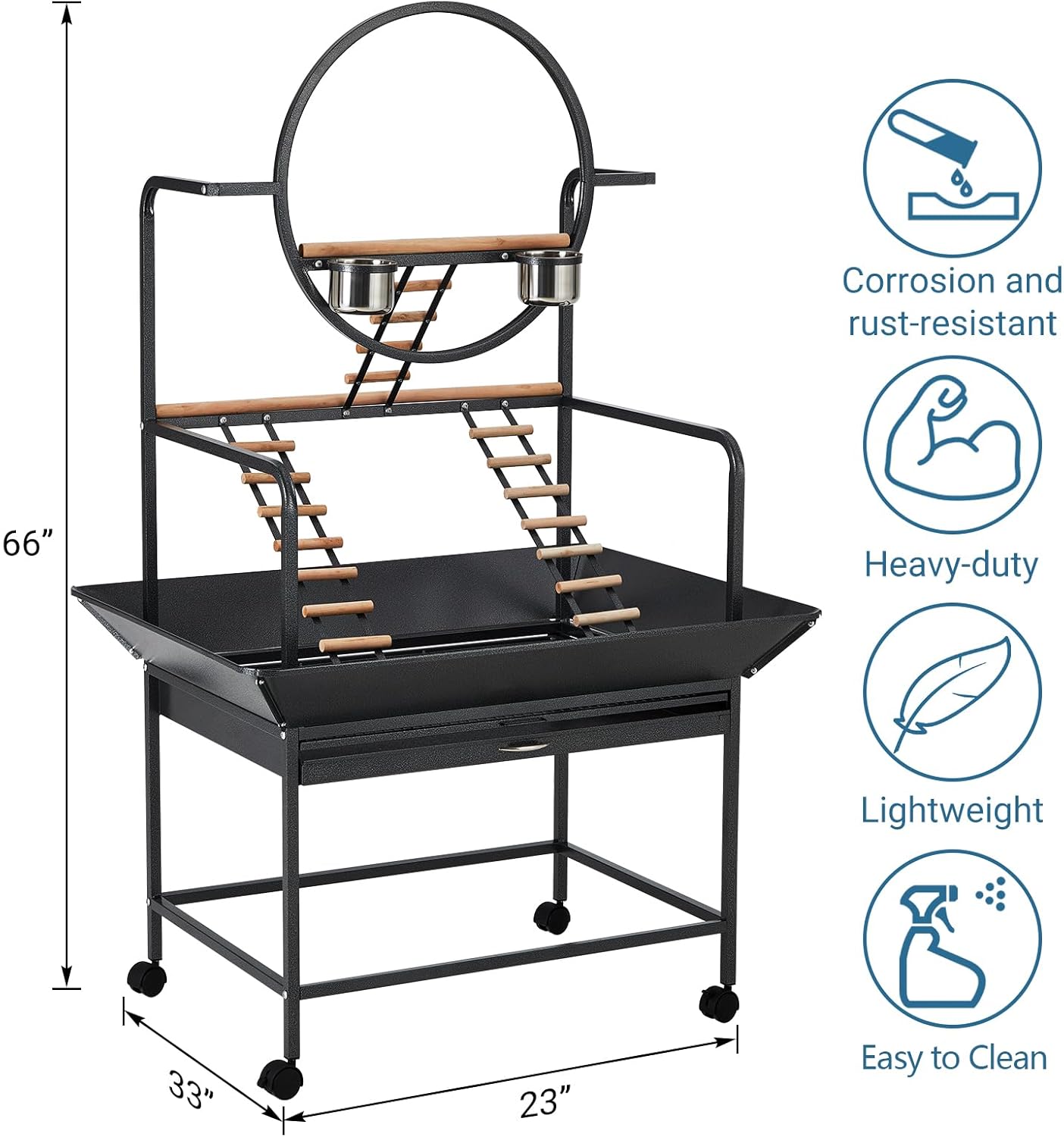 Bird Playstand, 66 in H Inch Birdcage Stand Activity Play Center with Perches and Ladders, Removable Tray, Indoor Outdoor Playground for Parakeet, Cockatiels Conures Parrots, Lockable Caster, Black