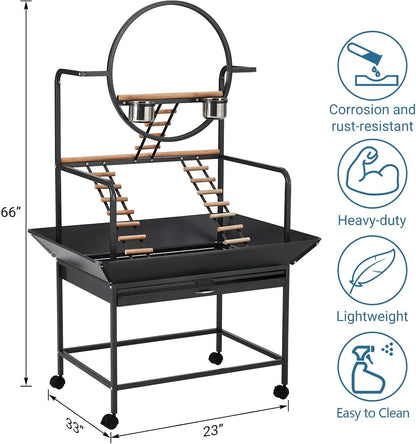 Bird Playstand, 66 in H Inch Birdcage Stand Activity Play Center with Perches and Ladders, Removable Tray, Indoor Outdoor Playground for Parakeet, Cockatiels Conures Parrots, Lockable Caster, Black