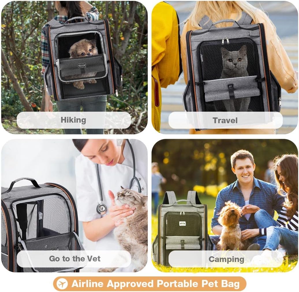 Lekebobor Large Cat Backpack Carrier Expandable Pet Carrier Backpack for Small Dogs Medium Cats Fit Up to 18 Lbs, Dog Backpack Carrier, Foldable Puppy Backpack Carrier for Travel, Hiking, Grey