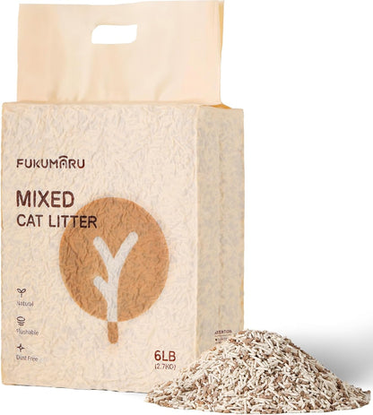 FUKUMARU Tofu Cat Litter, 6 LBS Clumping Cat Litter, Dust Free Unscented Flushable Tofu Litter, Natural, Lightweight and Low Tracking Kitty Litter Pellets Mixed Apple Wood, 24/7 Odor Control