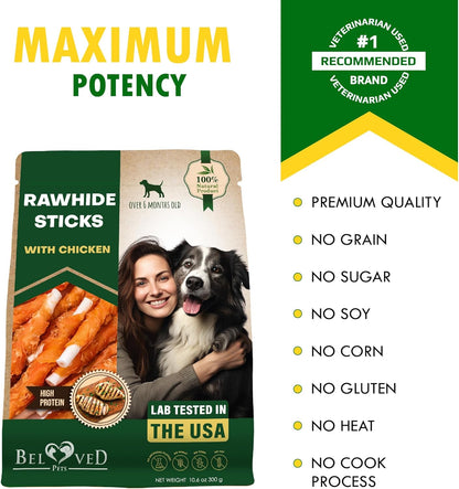 Beloved Pets Dog Treats & Long Lasting Rawhide Chews Wrapped Chicken 10.6 Oz – Pet Bones Sticks for Large, Medium & Small Breeds – Aggressive Chewers Snacks – Puppy Toys Treats