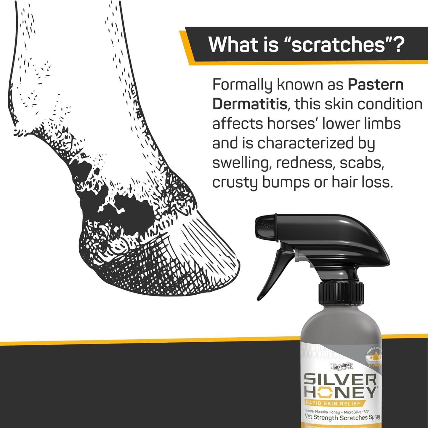 Silver Honey Rapid Relief 6oz Spray for Horses Only, Use for Equine Scratches/Pastern Dermatitis/Mud Fever/Dew Poisoning/Cracked Heels