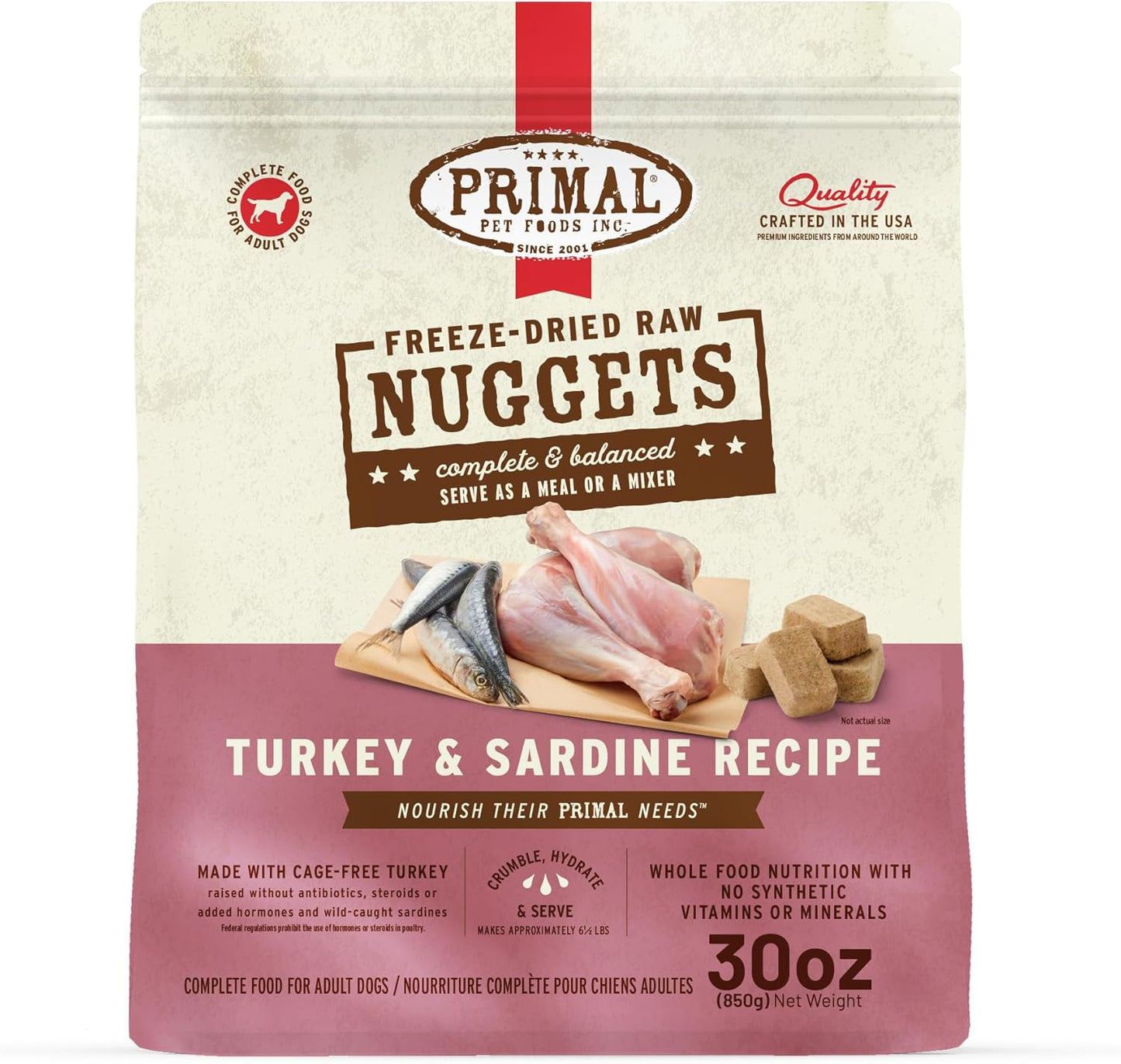 Primal Freeze Dried Raw Dog Food Nuggets, Turkey & Sardine Complete & Balanced Meal, Also Use as Topper or Treat, Premium, Healthy, Grain Free, High Protein Raw Dog Food, 30 oz