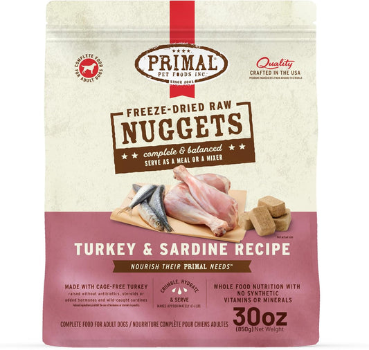 Primal Freeze Dried Raw Dog Food Nuggets, Turkey & Sardine Complete & Balanced Meal, Also Use as Topper or Treat, Premium, Healthy, Grain Free, High Protein Raw Dog Food, 30 oz