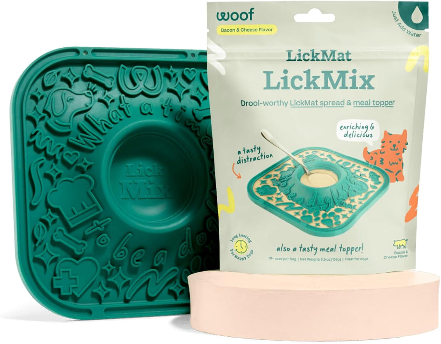 Woof Lick Mat and Bacon and Cheese LickMix Starter Pack Bundle - Dog Enrichment and Spread - Slow Feeder Mat with Non-Slip Design - Delicious, Lower Calorie Mix -Green