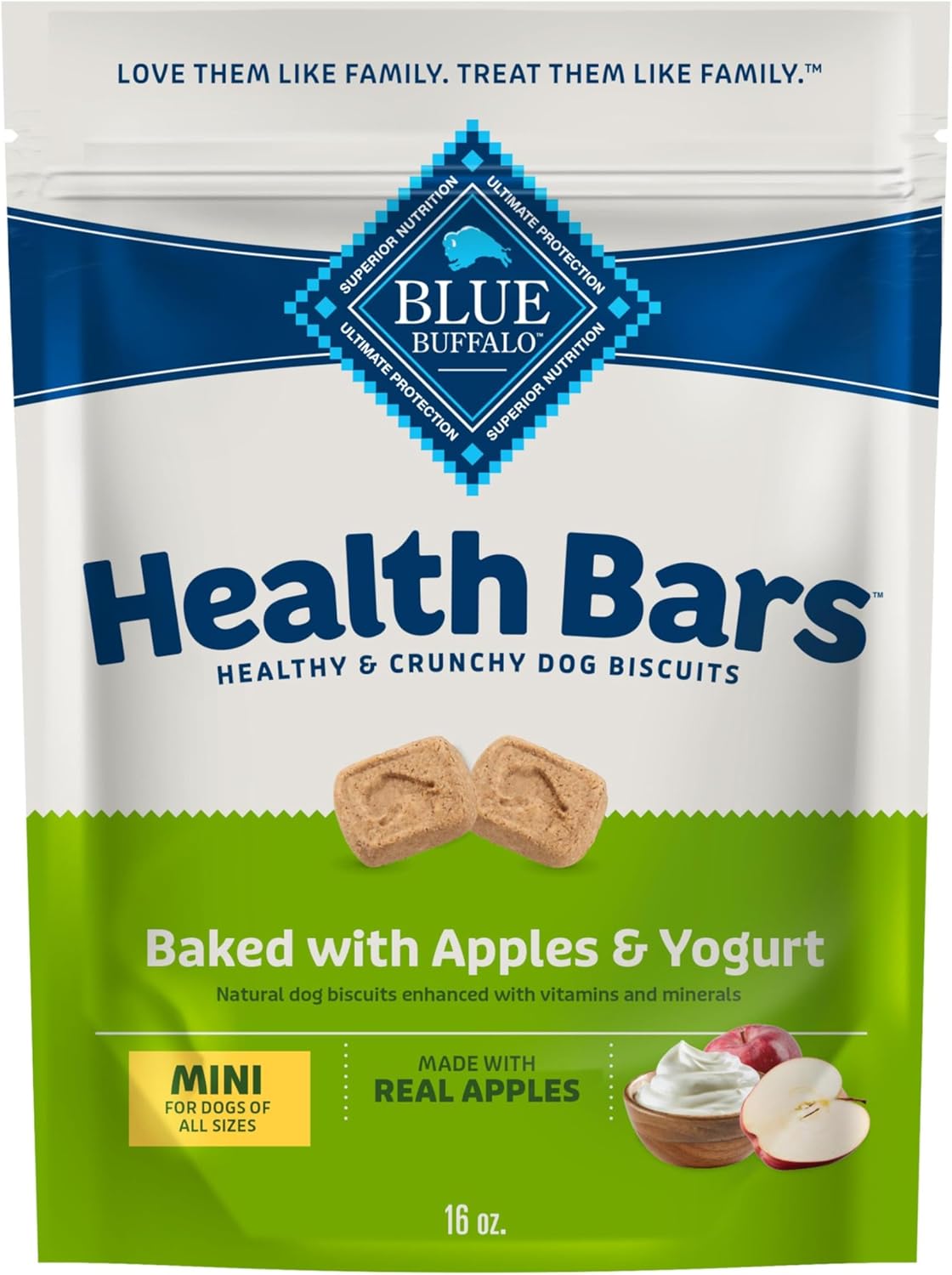 Blue Buffalo Health Bars Mini Crunchy Dog Biscuits, Oven-Baked with Natural Ingredients, Apples & Yogurt, 16-oz Bag