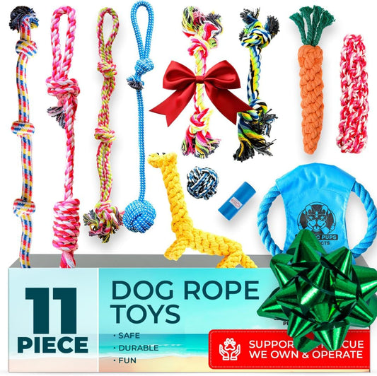Pacific Pups Products Dog Rope Toys for Medium Dogs 11 Pack - 11 Dog Toy Pack & Puppy Teething Rope Tug of War Dog Toys, Chew Toys to Keep Them Busy, Puppy Chew Ropes