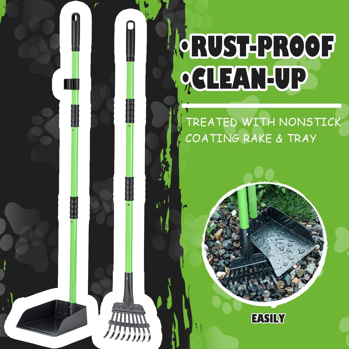 MXF Pooper Scooper, Dog Pooper Scooper Long Handle Stainless Metal Tray and Rake Set for Medium Small Dogs Heavy Duty - Use on Grass, Dirt or Gravel - Pet Supplies (Green)