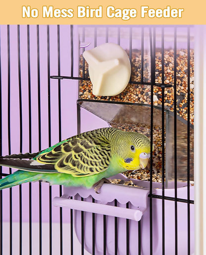 BNOSDM Wooden Bird Tunnel Parrot Swing Toys Natural Hanging Nest and BNOSDM No Mess Bird Cage Feeders Automatic Feeder for Fincheses, Parakeets, Budgies, Lovebirds, Cockatoos, Canaries (Purple)