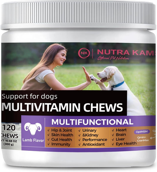 Multivitamin Chews for Dogs, Supports Growth, Hip & Joint, Skin and Gut Health, Immunity, Urinary and Kidney, antioxidants, Heart, Brain, Liver, Eyes, Natural Ingredients, 120 Chews