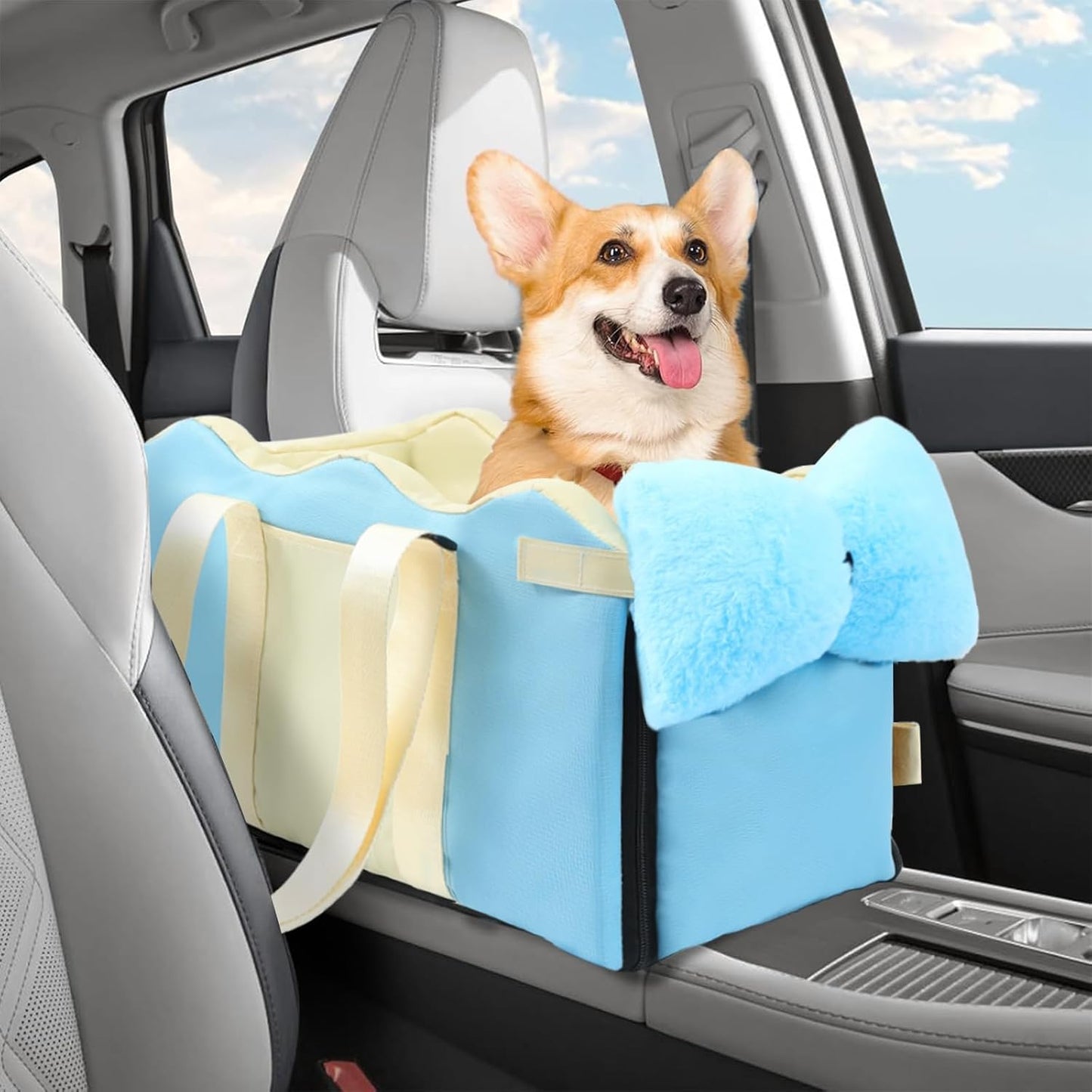 Center Console Dog Car Seat for Small Dogs, Pet Puppy Car Seats with Soft Cushion Safety Belt, Washable Cat Carseats, Pet Bed for Cars, Dog Booster Cars Seats for Dogs Small 5-15 lbs(Blue)