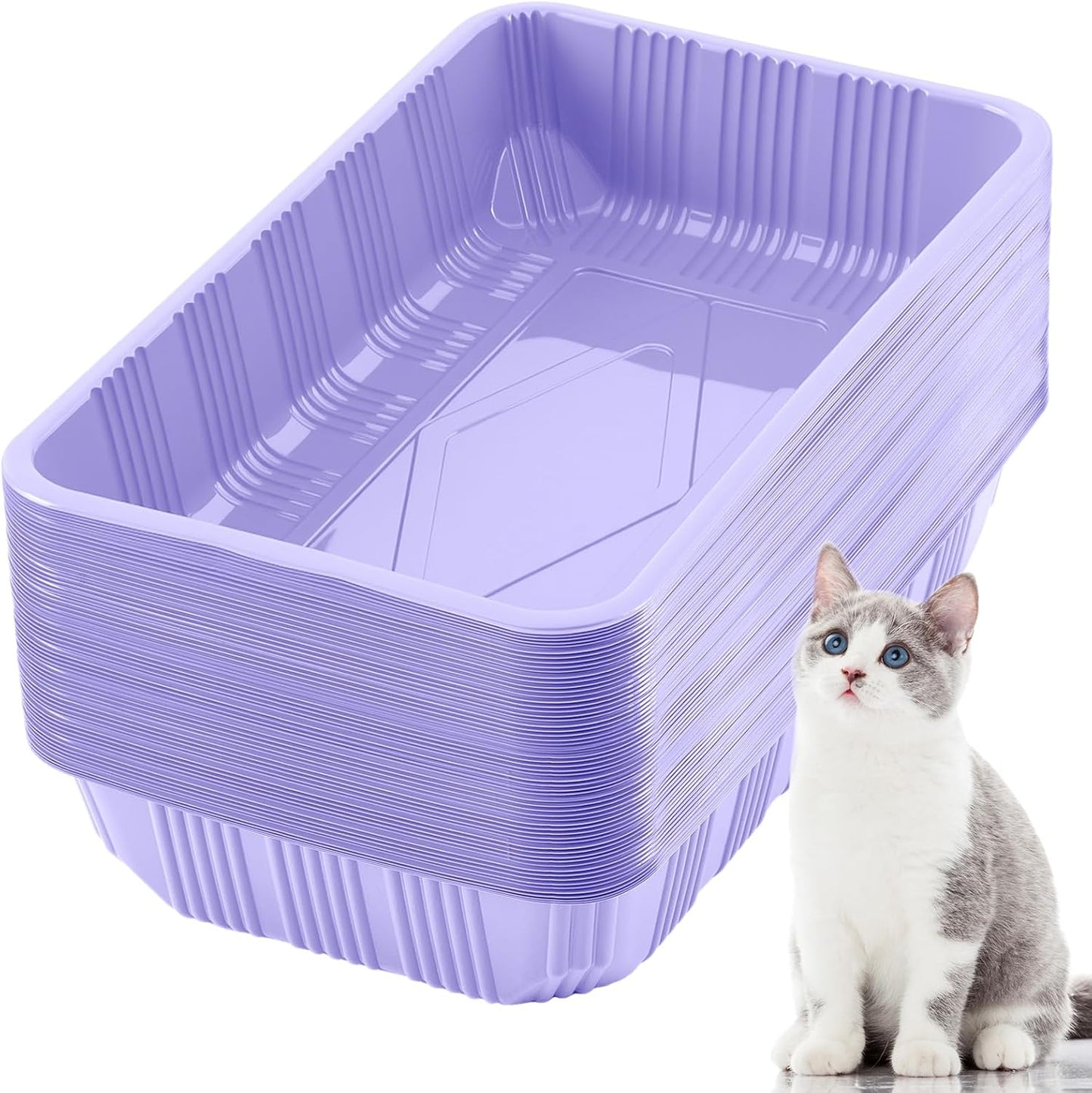 Tessco for you 60 Pack Cat Disposable Litter Boxes Plastic Kitty Litter Trays Recyclable Pans for Pet Travel, 16.7 x 10.5 x 3.4 Inch (Light Purple)