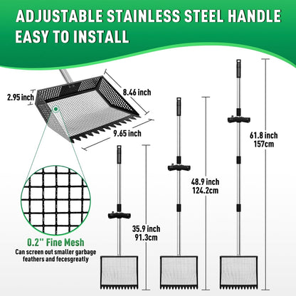 TOOGE Upgraded Chicken Poop Scooper: 9.6" Metal Pooper Scooper & Rake 4-Section Long Handle Chicken Coop Scoop Scoopers Accessories Large Sand Sifter Litter Shovel for Yard/Farm/Stable/Beach Black