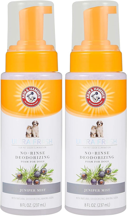Arm & Hammer for Pets Ultra Fresh Dog Deodorizing Foam, Juniper Mist Scent - No Rinse Waterless Dog Shampoo for Smelly Dogs, Pet Deodorizer, Bathing Supplies, 8 Fl Oz (Pack of 2)