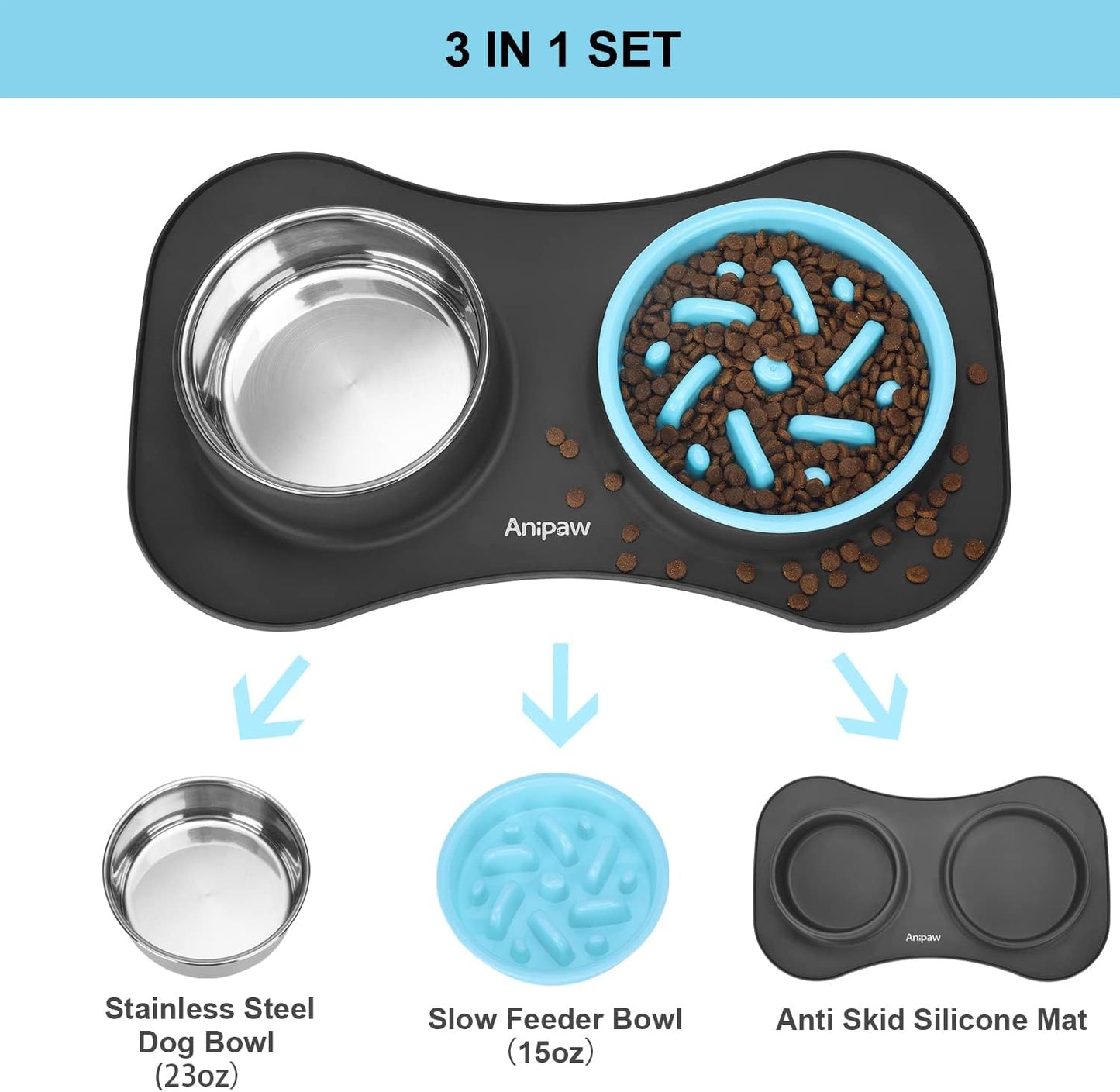 Slow Feeder Dog Bowls 3 in 1 Stainless Steel Food and Water Bowls with Non-Spill and Skid Silicone Mat to Slow Down Eating for Large Medium Small Breed Size Dogs and Cats