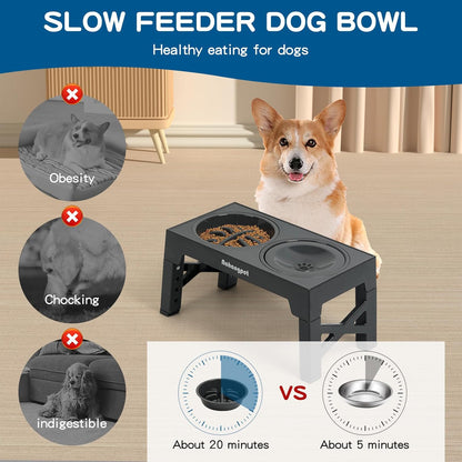 2-in-1 Elevated Slow Feeder Dog Bowls for Food and Water, 5 Heights Adjustable Raised Dog Bowls, Non-Slip, No Spill, for Small Medium Large Dogs and Cats(Grey)