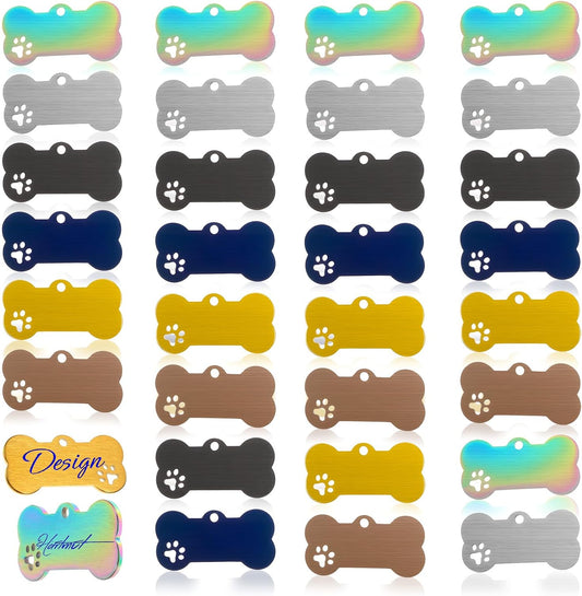 30 Pcs Stainless Steel Blank Pet ID Tags, Bone Shape Custom Dog Tags, Double Sided Engraved Dog Cat Name Phone Number ID Tag, 6 Colors