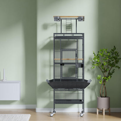 61-Inch Large Bird Cage - Rooftop Playground & Rolling Wheels, Wrought Iron Parrot Cage for Macaws, Cockatoos, Conures, Indoor/Outdoor Use, Includes Feeding Accessories, Dark Grey