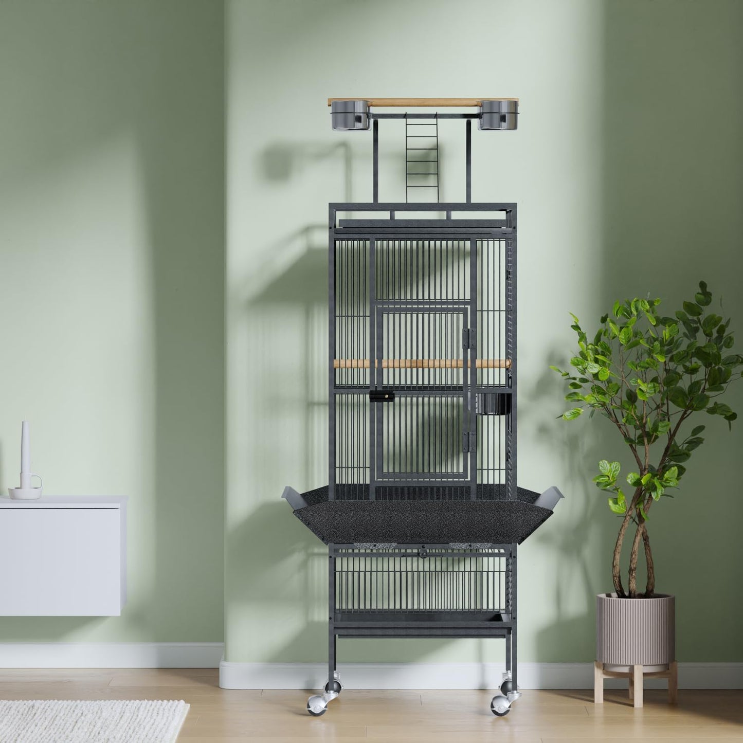 61-Inch Large Bird Cage - Rooftop Playground & Rolling Wheels, Wrought Iron Parrot Cage for Macaws, Cockatoos, Conures, Indoor/Outdoor Use, Includes Feeding Accessories, Dark Grey