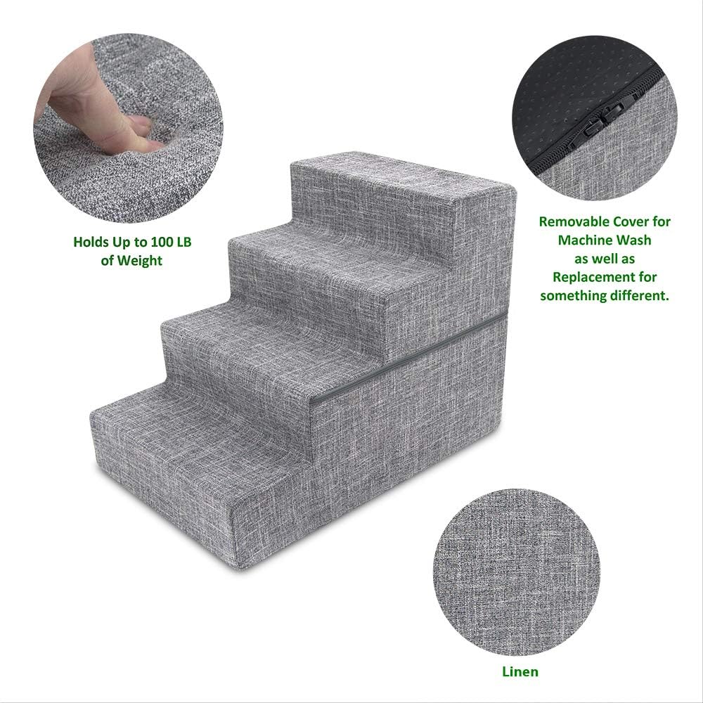 Best Pet Supplies Round Bed for Pet, 4-Step Pet Stair, Grey Linen (Foldable)