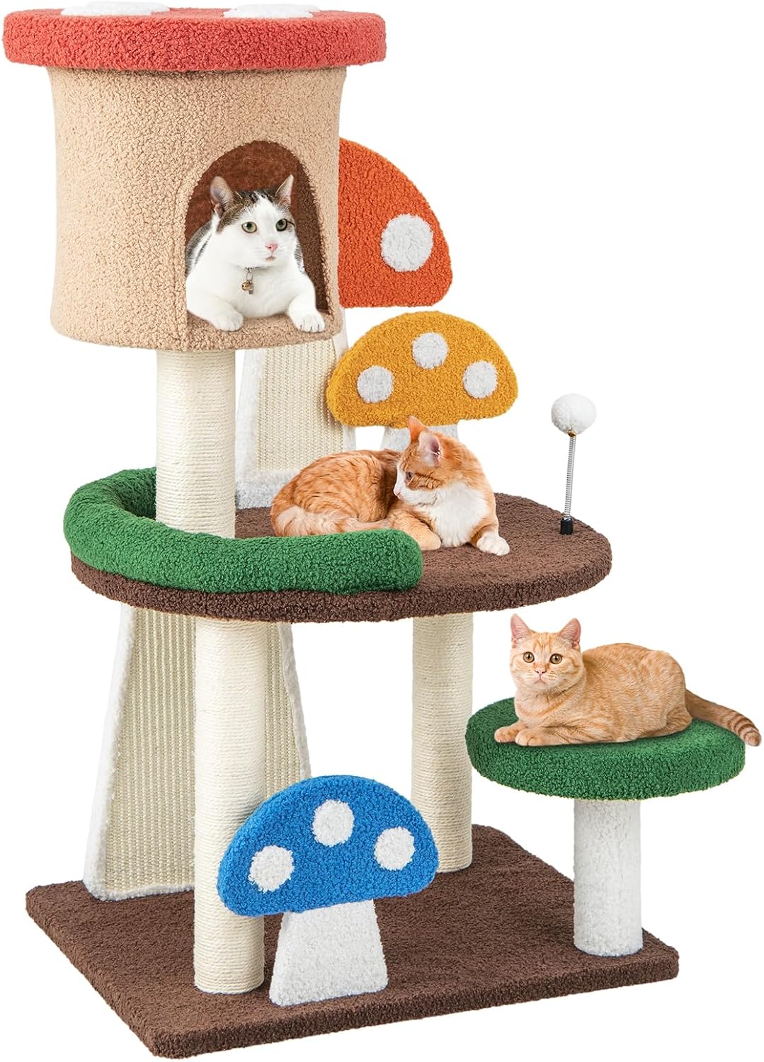 PETSITE Mushroom Cat Tree, 40.5 Inches Tall Multi-Level Cat Tower with Natural Sisal Scratching Posts & Boards, Cat Condo and Teasing Spring Ball, Cute Cat Tree Tower for Indoor Cats Large Adult