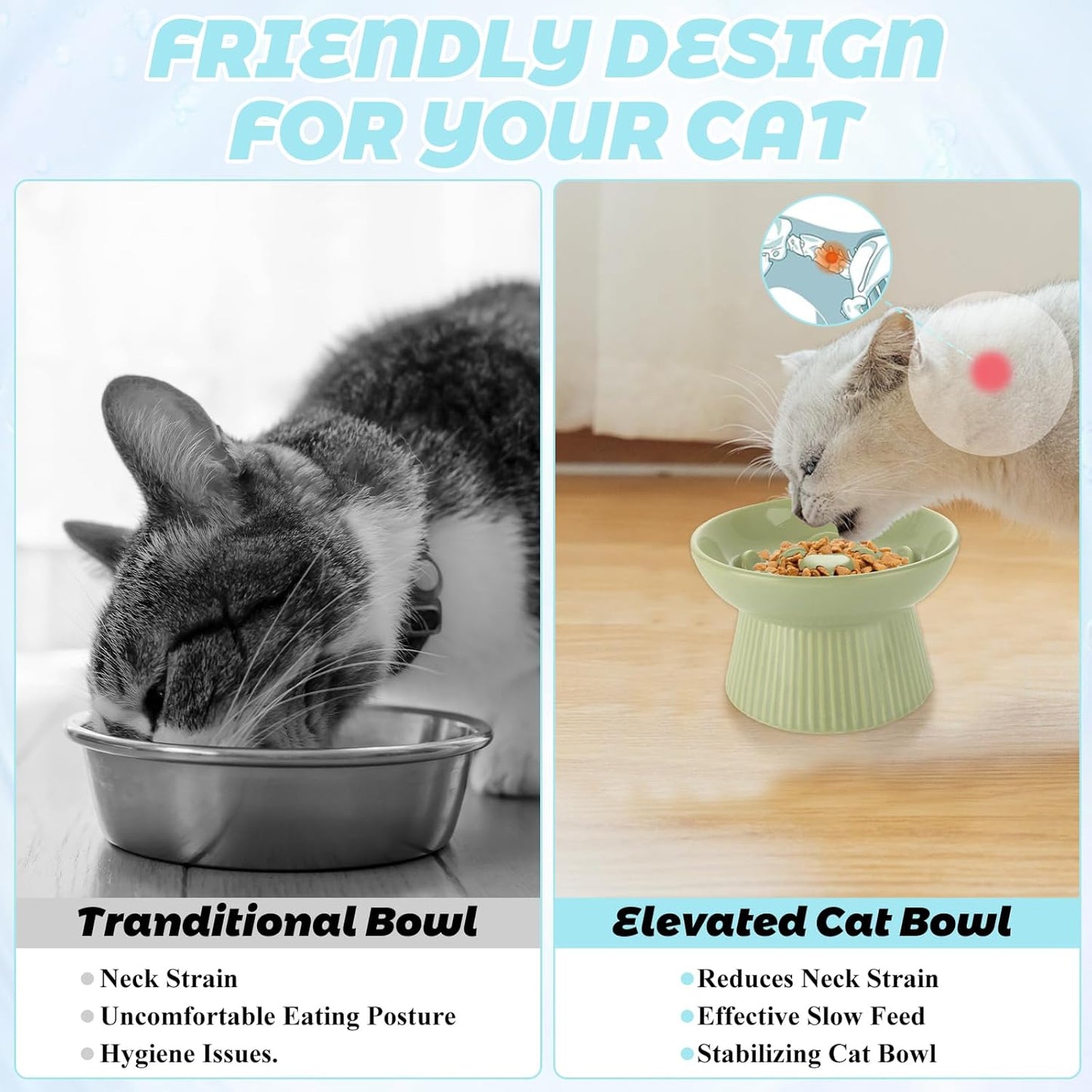 STARVAST 2 Pack Ceramic Slow Feeder Cat Bowl, Elevated Slow Feeder Cat Bowl, Anti Vomiting & Choking Cat Slow Feeder, Raised Cat Bowl Slow Feeder for Dry and Wet Food, Spill-Proof and Easy to Clean