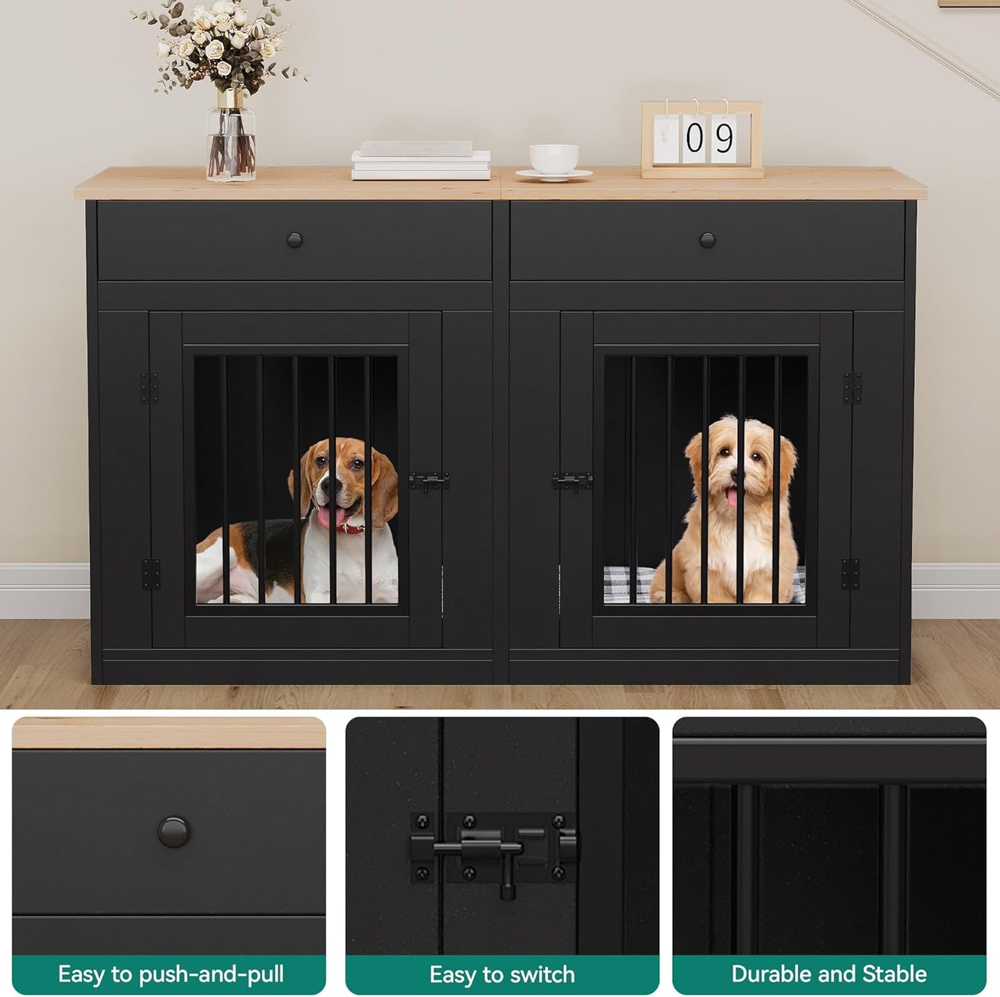 YITAHOME 60" Double Wooden Dog Crate Furniture with Removable Divider & Storage Drawers, 2 Doors Kennel with Locks for Medium & Large Dogs, Multi-Functional Dog Crate End Table for Indoor use, Black