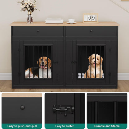 YITAHOME 60" Double Wooden Dog Crate Furniture with Removable Divider & Storage Drawers, 2 Doors Kennel with Locks for Medium & Large Dogs, Multi-Functional Dog Crate End Table for Indoor use, Black
