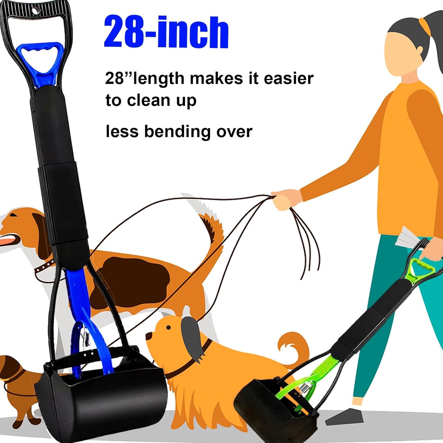 Pooper Scooper 2 Pack with 20 Litre Step Dog Poop Trash Can, 28" Long Handle Dog Poop Scoopers for Large Small Dogs Heavy Duty, Removable Inner Bucket for Outdoors, 50 Waste Bags Included (Blue)