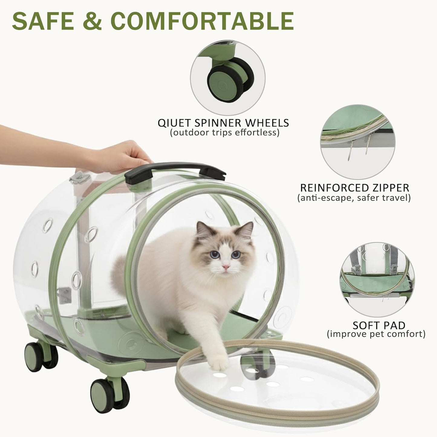 Transparent Hard Cat Carrier with Rolling Wheels, Fully Breathable & Multiple Carrying Options for Dogs, Cats & Bunny – Travel & Walk Friendly (Green)
