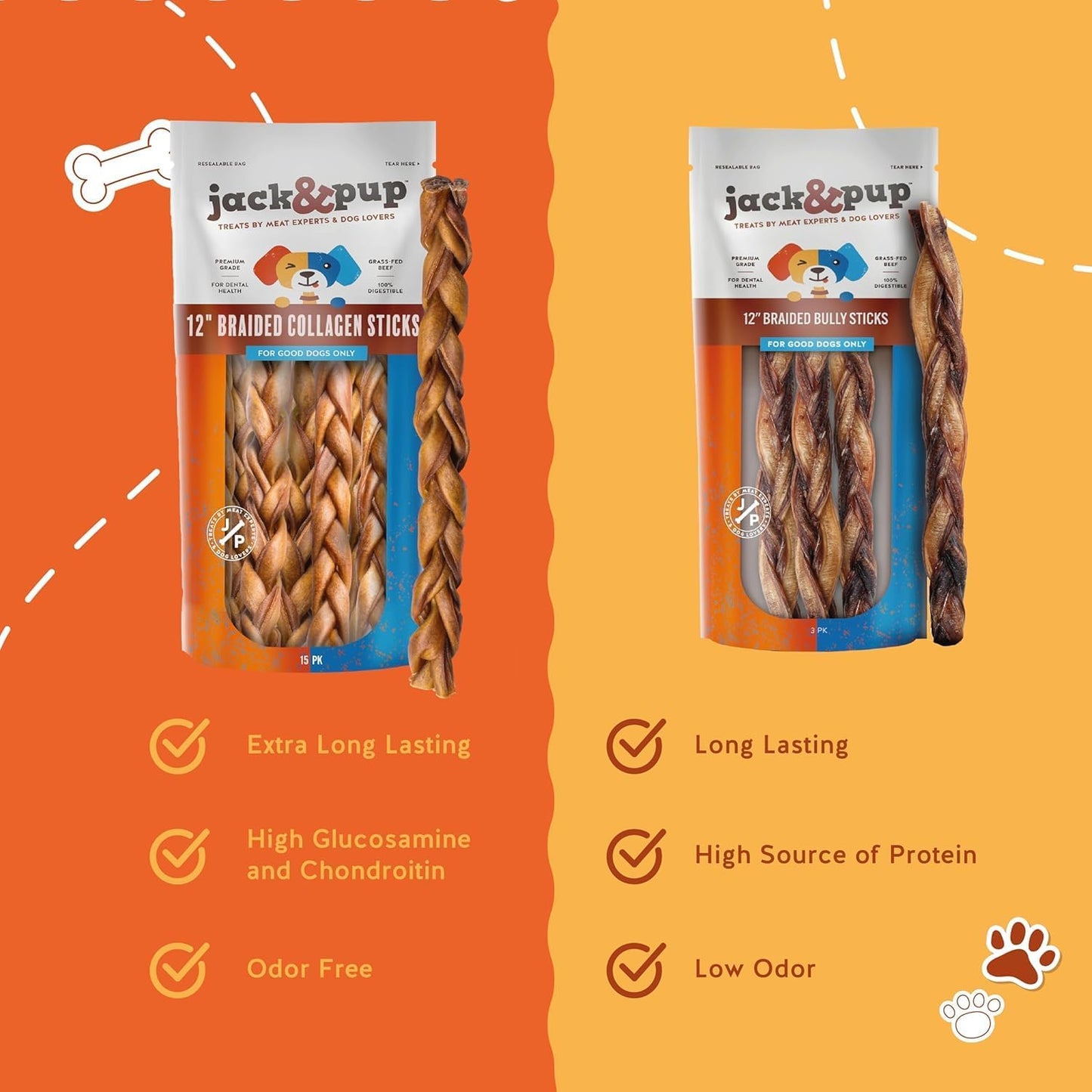 Jack&Pup 12" Braided Beef Collagen Sticks for Dogs - Rawhide Free Dog Chews Long Lasting Collagen Chews for Dogs - Bully Sticks Alternative (1 Pack)