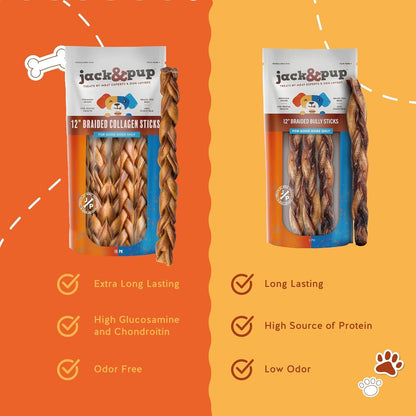 Jack&Pup 12" Braided Beef Collagen Sticks for Dogs - Rawhide Free Dog Chews Long Lasting Collagen Chews for Dogs - Bully Sticks Alternative (1 Pack)