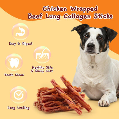 Jungle Calling Beef Collagen Sticks, Long Lasting Dog Chews, Chicken Wrapped Treats, Rawhide Alternative for Small Medium Large Dogs, Dental Health, Beef Lung Flavored Bones,14.1 oz