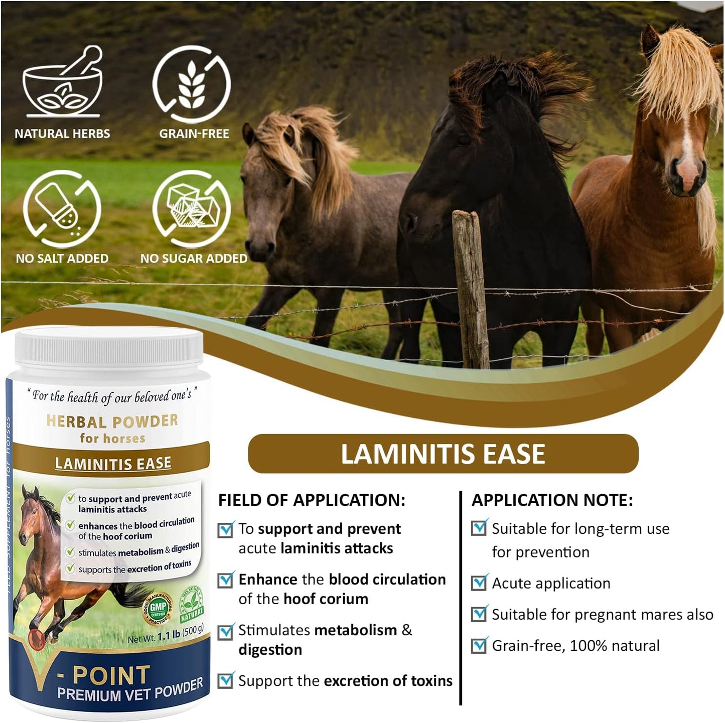 V-POINT - Laminitis Ease - hoof Supplements for Horses - Horse hoof Care Product Based on Natural Herbal Powder - Ideal for Hooves Health and Conditioning (1.0 lb)