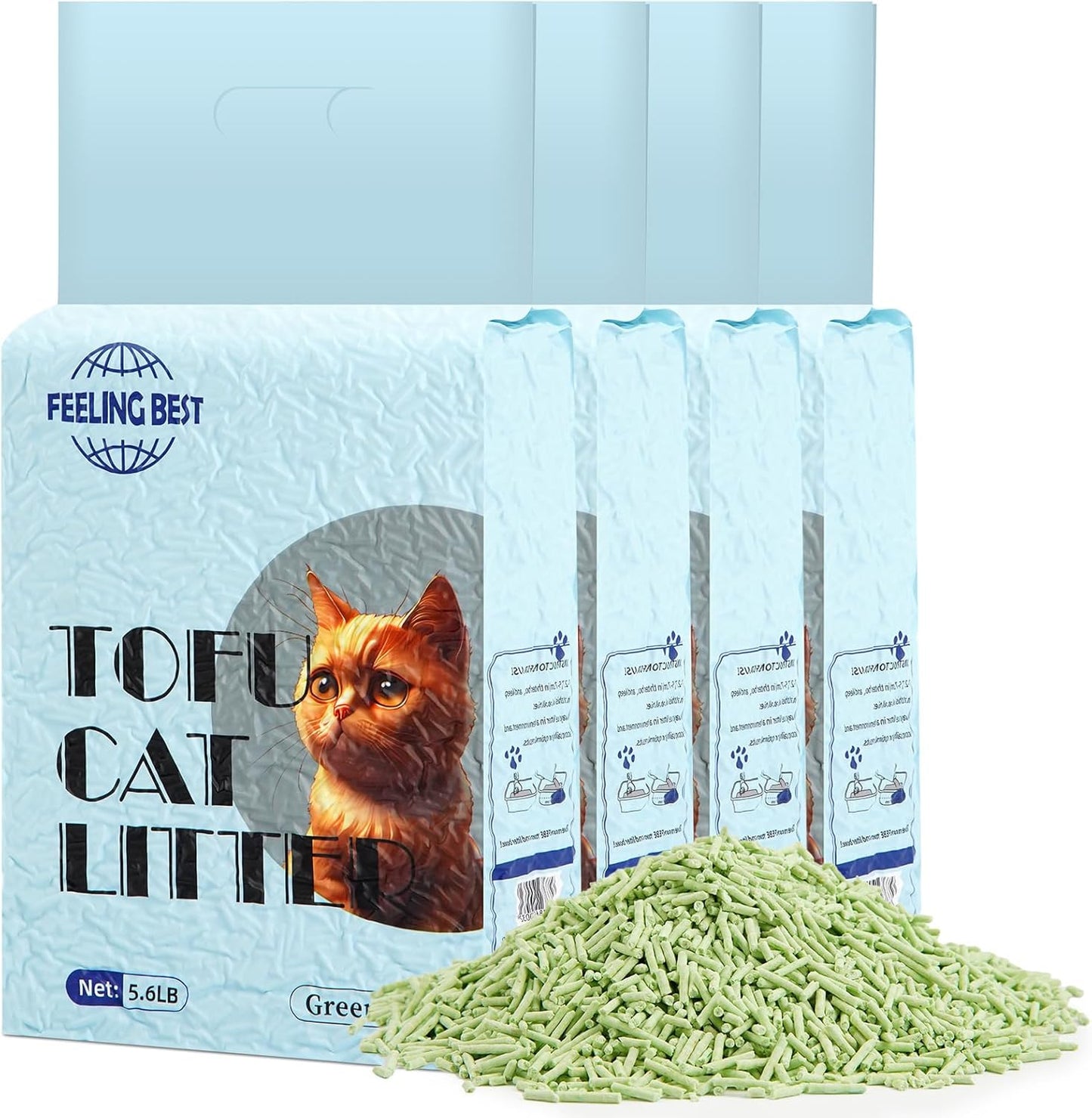Tofu Cat Litter 22.4LB(5.6lb×4bag) Green Tea Clumping, 100% Food Grade Raw Materials, Flushable,Ultra Absorbent and Fast Drying,Solubility in Water,Really Dust-Free,Less Scattering