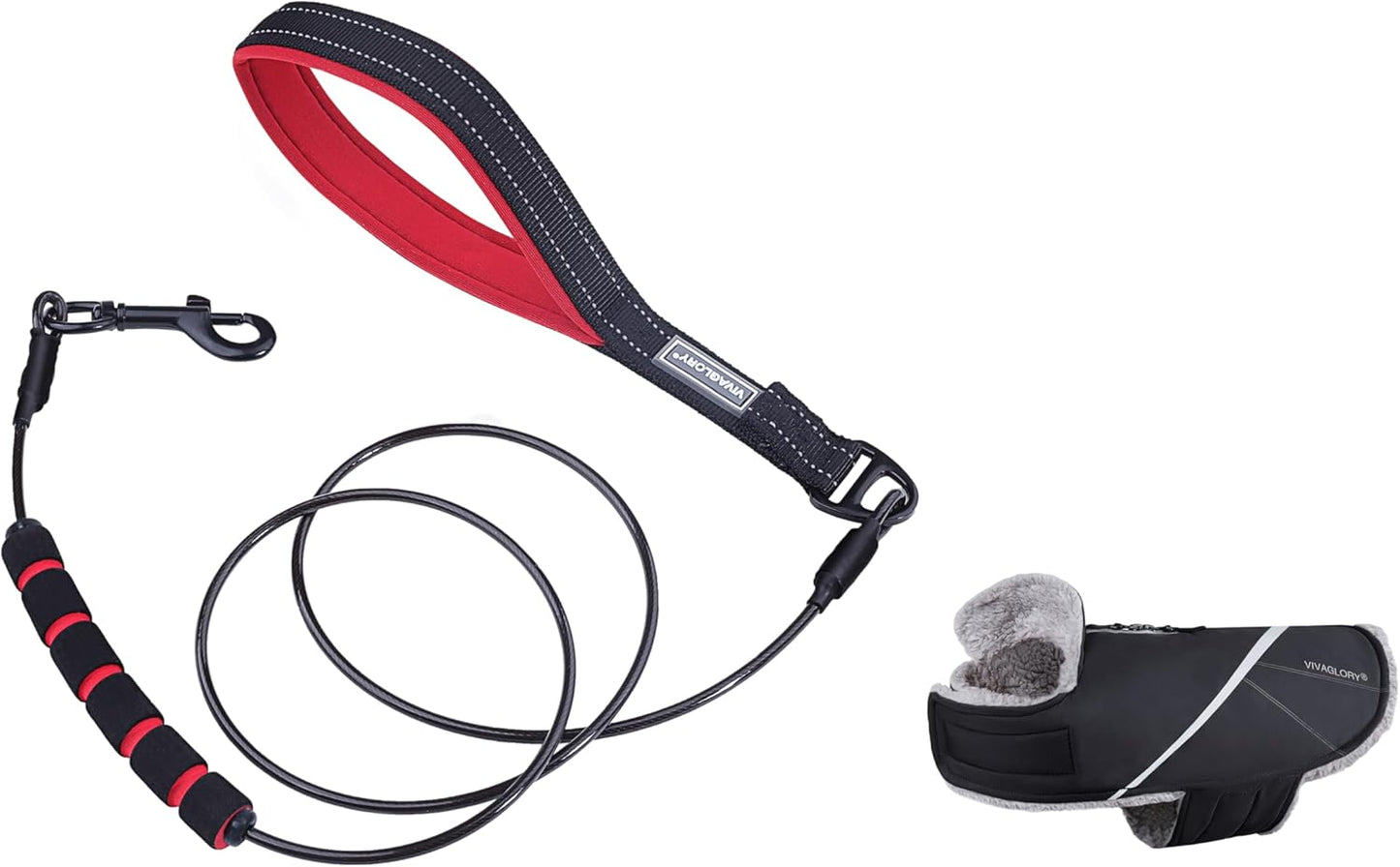 VIVAGLORY Chew Proof Dog Leash + Dog Coat, Running Waist Leash with Belt for Running Walking, Warm Fleece Lined Reflective