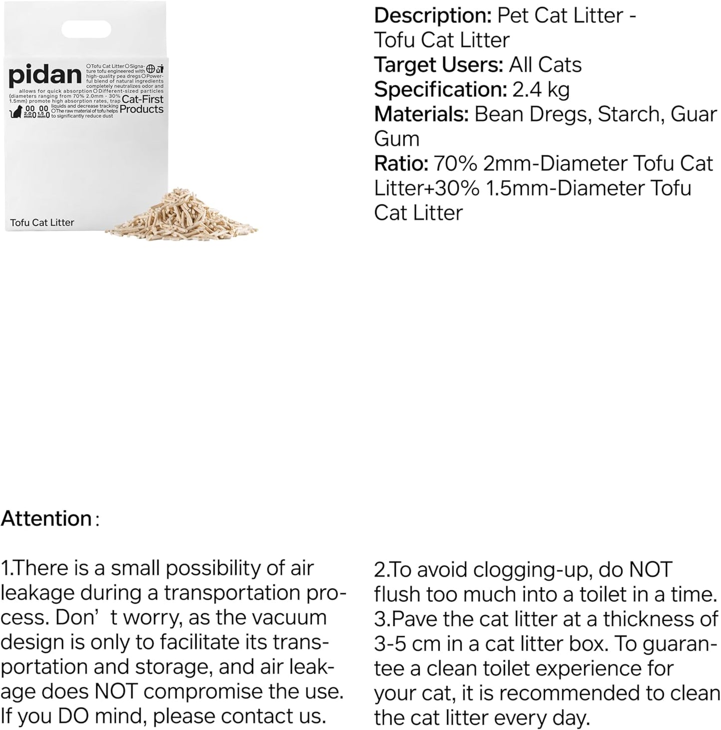 pidan Tofu Cat Litter Clumping,Flushable,Ultra Absorbent and Fast Drying, 100% Natural Ingredients Litter,Solubility in Water,Really Dust-Free,Less Scattering (5.3lb×1bag)
