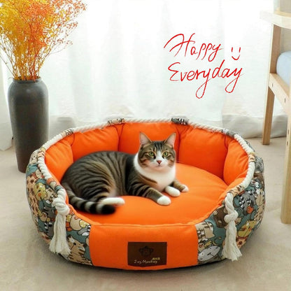 Large Cute Orthopedic Round Plush Cat & Dog Bed Pet Sofa Washable Cushion Durable Breathable Comfort with Non-Slip Bottom All Season Cozy Pet Mat (Orange,X-Large)