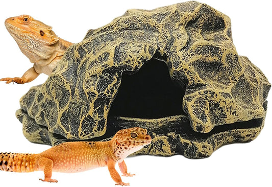 Reptile Shelter - Fake Rock Resin Terrarium, Aquarium Caves | Landscape Basking Suitable Gecko Lizard Tortoise Snake Amphibian Fish Habitat Decoration L