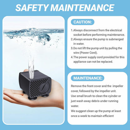 GOZILLA Mini Submersible Water Pump, Ultra Quiet Pump (5W,300L/H,79GPH) for Terrarium, Aquarium,Fish Tank,Tabletop Fountain and Pet Fountain.