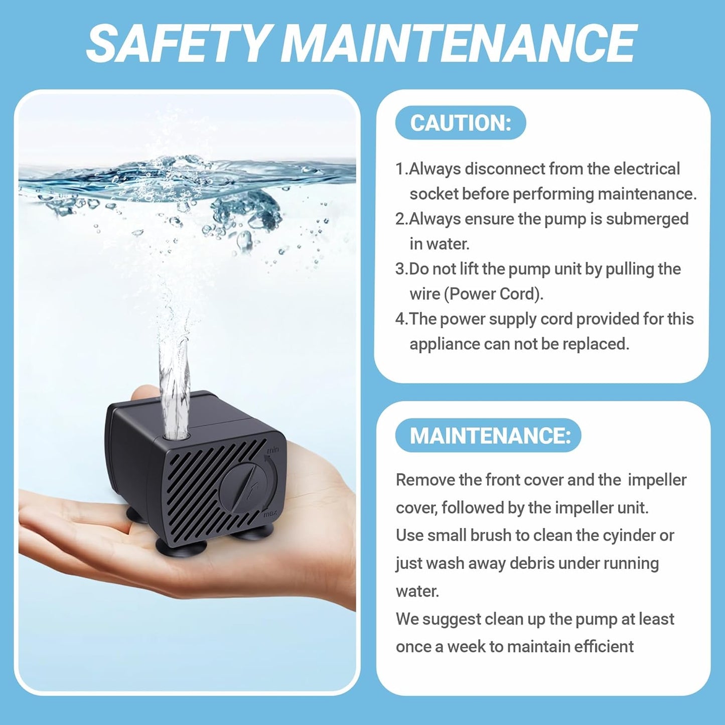 GOZILLA Mini Submersible Water Pump, Ultra Quiet Pump (5W,300L/H,79GPH) for Terrarium, Aquarium,Fish Tank,Tabletop Fountain and Pet Fountain.