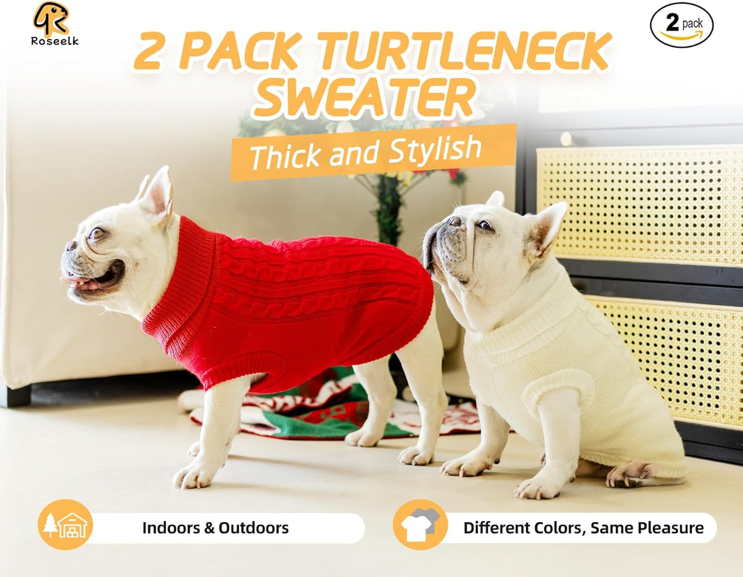 2 Pack Dog Sweaters for Small Dogs - Puppy Medium Warm Clothes in Winter, Turtleneck Pullover Design for Boy Girl Pet, Doggie, Cat, Kitten Chihuahua Bulldog Pug Beagles (S, Red, Beige)
