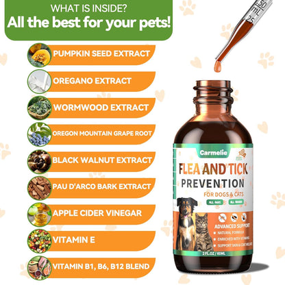 Oral Flea and Tick Support for Dogs and Cats, Natural Dog Flea and Tick Defense, Cat Flea Drops Supplements with Vitamin for Pets - All Breeds and Ages - Bacon