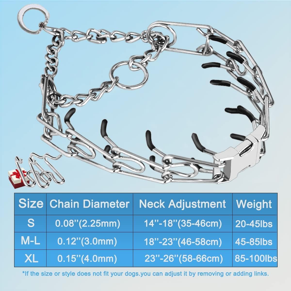 Prong Collar for Dogs, Dog Training Collar, Adjustable Size Dog Pinch No Pull Collar with Quick Release Buckle for Small Medium Large Dogs(Packed with Two Extra Links)