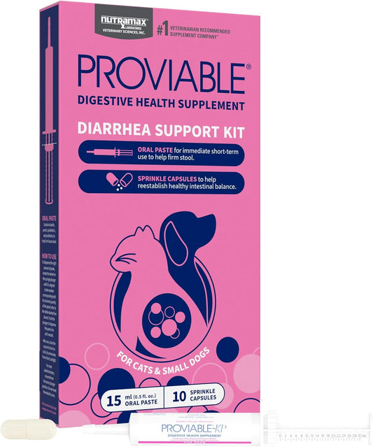 Nutramax Proviable Probiotics for Small Dogs and Cats, Diarrhea Support Kit, Digestive Health Supplement with Multiple Strains of Bacteria, Plus Prebiotics, Kaolin and Pectin, 15 ml Paste and 10 Capsules