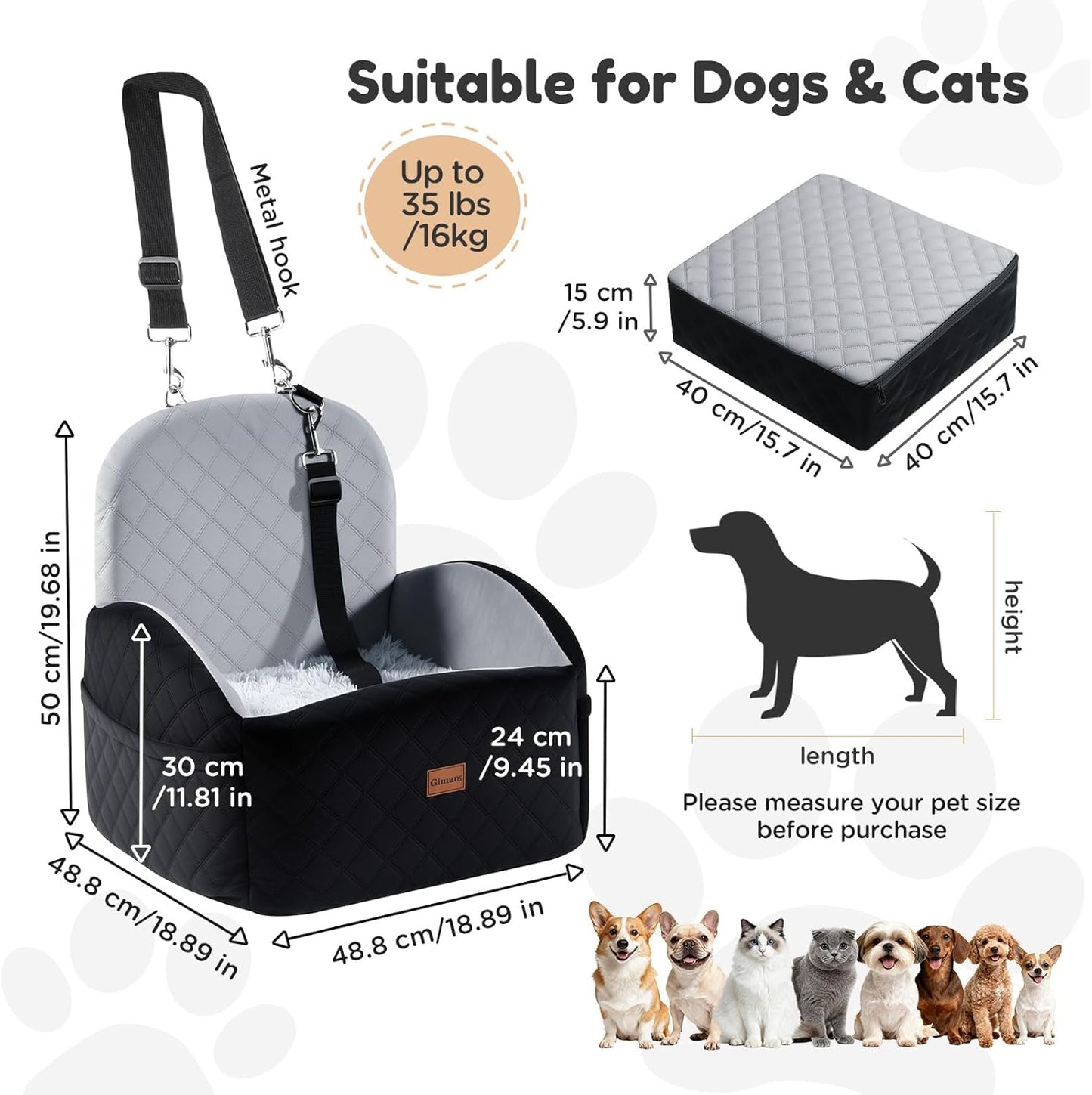 Gimars Upgrade Dog Car Seat with Reversible Long & Short Plush Seat Cushion for Small/Medium Dogs Up to 40lbs, Detachable Washable Anti-Slip Dog Booster Seat with 5.9'' 28D Egg-Crate Foam, S