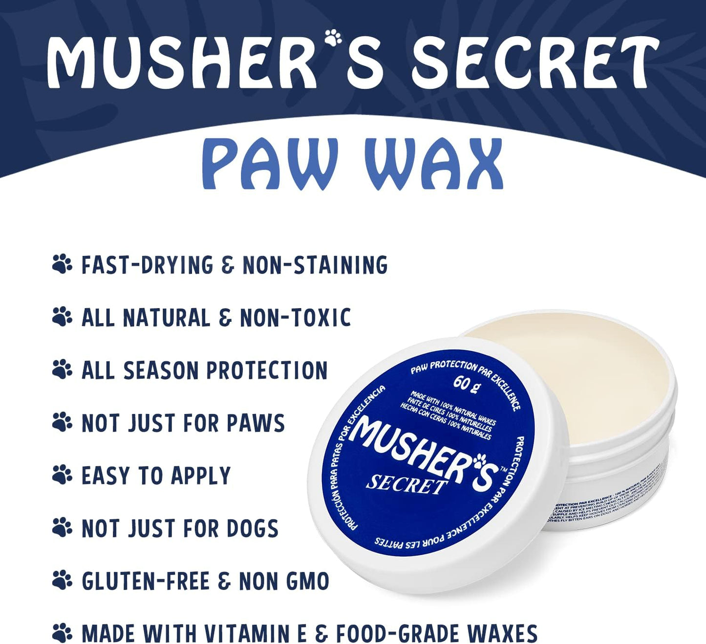 Musher's Secret Dog Paw Wax 60g – Moisturizing Dog Paw Balm – Helps Protect & Heals Cracked Paws – Creates an Invisible Paw Protectors Barrier – All-Natural Nose & Paw Balm with Vitamin E