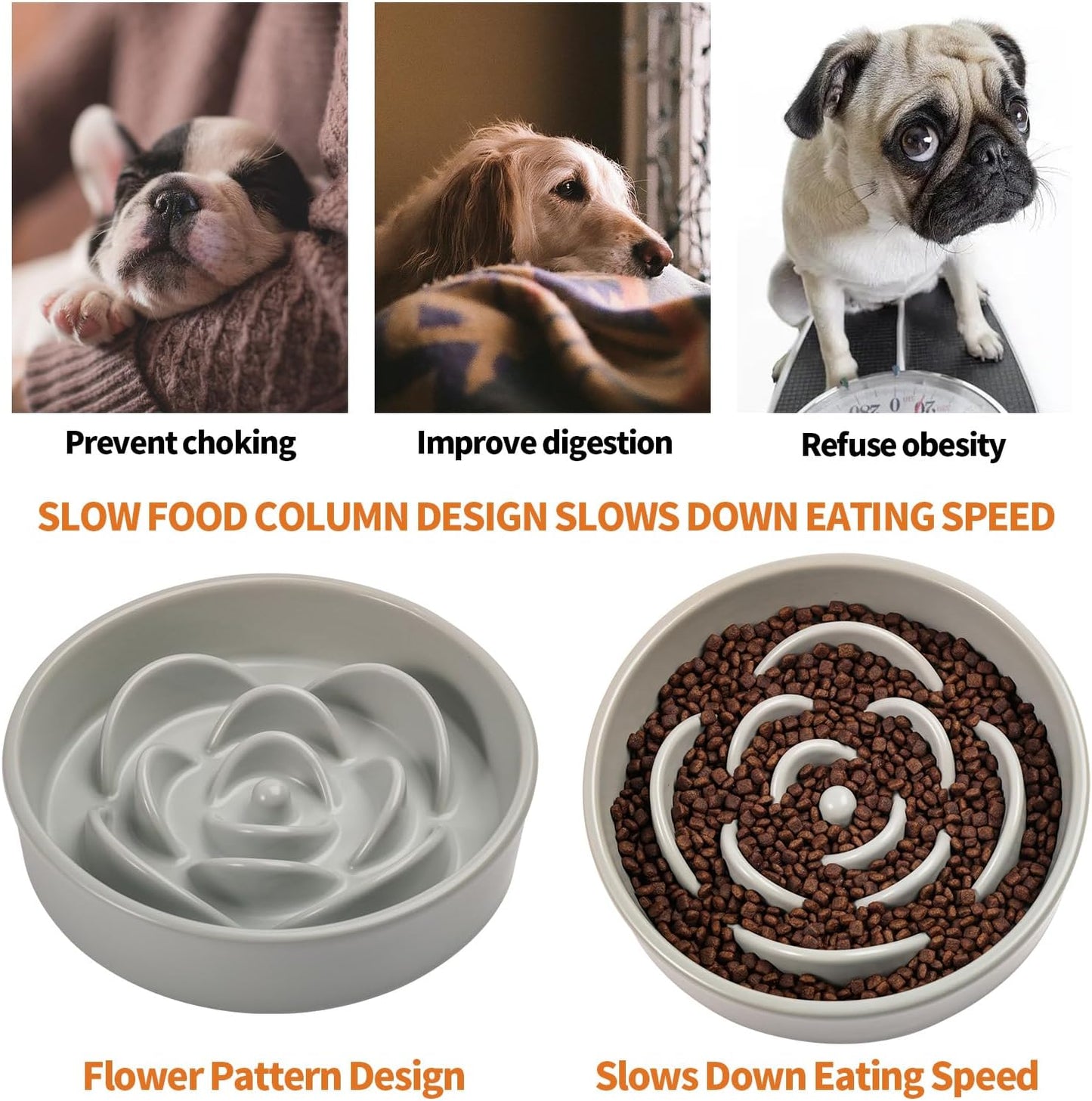 8.26 in Grey Dog Bowl Slow Feeder Ceramic for Medium and Large Breed,Pet Feeding Dog Food Water Dish Heavy Weighted,Puppy Bowl for Fast Eaters,Puzzle Slow Eating Dish Modern Maze