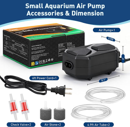 hygger Aquarium Air Pump, Ultra Quiet Oxygen Aerator with Air Stone Airline Tubing Check Valve, Aquarium Fish Tank Air Bubbler for 3 to 79 Gallon Tank and Bucket